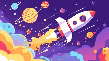 Obraz premium Rocket Ship Blazing Through Vibrant Cosmic Nebula and Planets