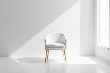 A sleek white chair placed in an all white room
