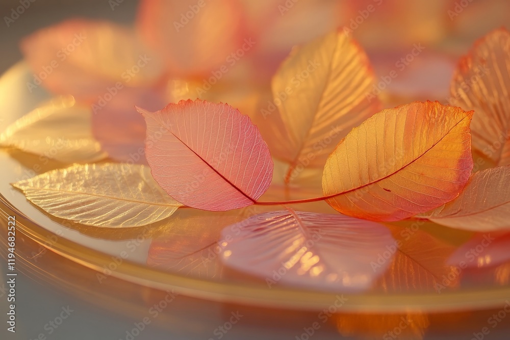 Poster Beautifully captured image of delicate translucent leaves resting on a reflective surface, showcasing soft hues of pink and gold in an ethereal display of light.