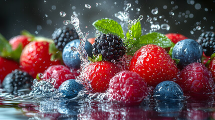 Fresh mixed berries splashing in water.