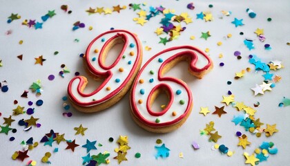 Obraz premium Decorated cookie for birthday or anniversary party, number 96. White background with party decoration.