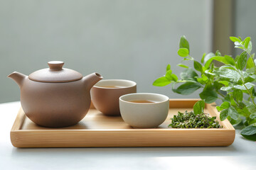 Ceramic teapot on a wooden tray on soft sunlight.