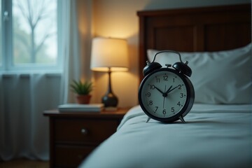 Naklejka premium A compact alarm clock on a bedside table