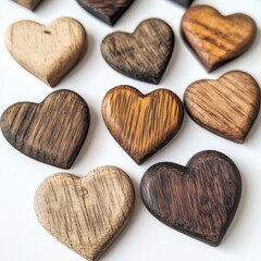 Obraz premium Collection set of natural brown wooden hearts isolated on white background