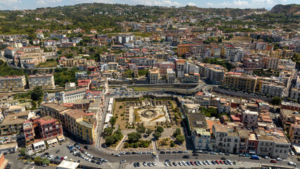 Obraz premium Aerial view the Macellum of Pozzuoli, near Naples, Italy. It was market building of the Roman colony of Puteoli. It was mistakenly known as the Temple of Serapis.