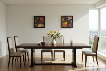 A modern dining table with a single flower vase