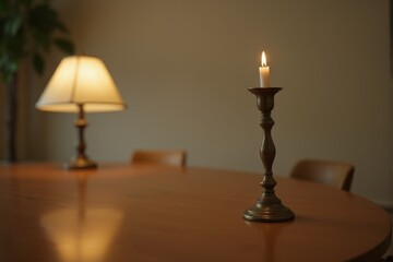 A single candlestick holder on a smooth wooden table
