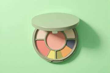 Compact makeup palette placed on a pastel green background