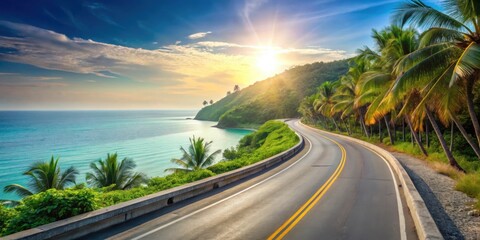 Fototapeta premium Scenic Coastal Highway Winding Through Lush Tropical Landscape at Sunset
