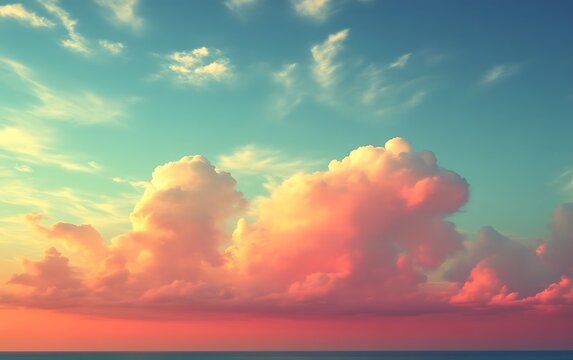 Vibrant sunset sky with fluffy clouds over calm ocean.