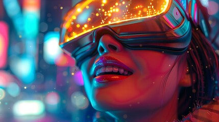 A woman immersed in virtual reality, wearing futuristic goggles and surrounded by vibrant neon lights.