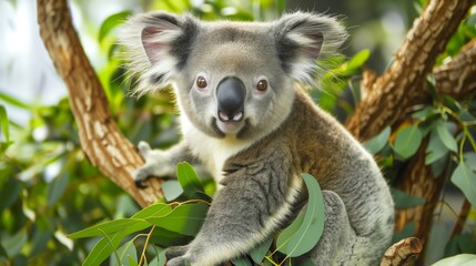 Obraz premium A calm koala sitting in a eucalyptus tree, looking directly at the camera with large eyes.
