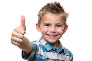 Cheerful smiling young boy showing thumb up isolated on transparent background