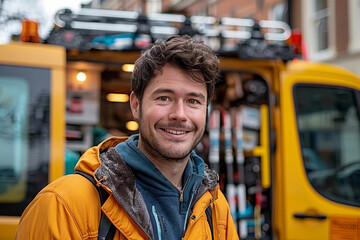 Professional Cleaner: Portrait of a Smiling Man with Cleaning Equipment in front of his Van, Showcasing his Handyman Business in the Cleaning Industry