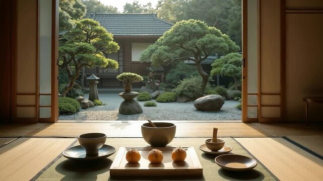 Ceremonia del t&eacute; con dulces tradicionales en una casa japonesa con jard&iacute;n zen