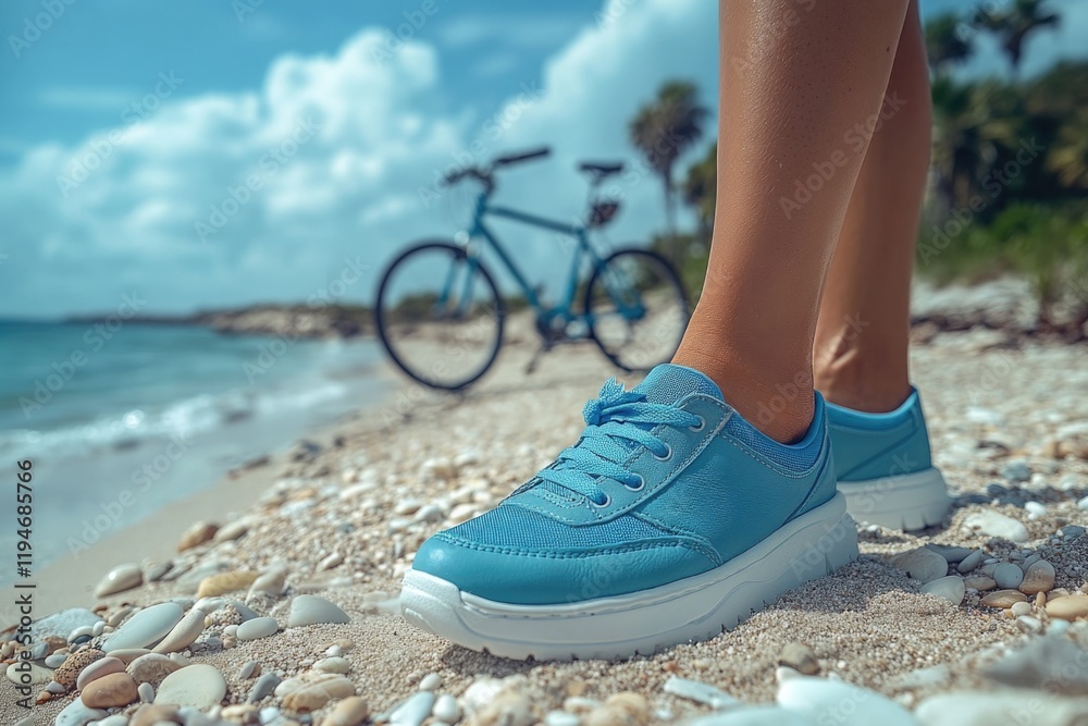Poster a person stands on a beach next to a bicycle, possibly after a ride or enjoying the scenery