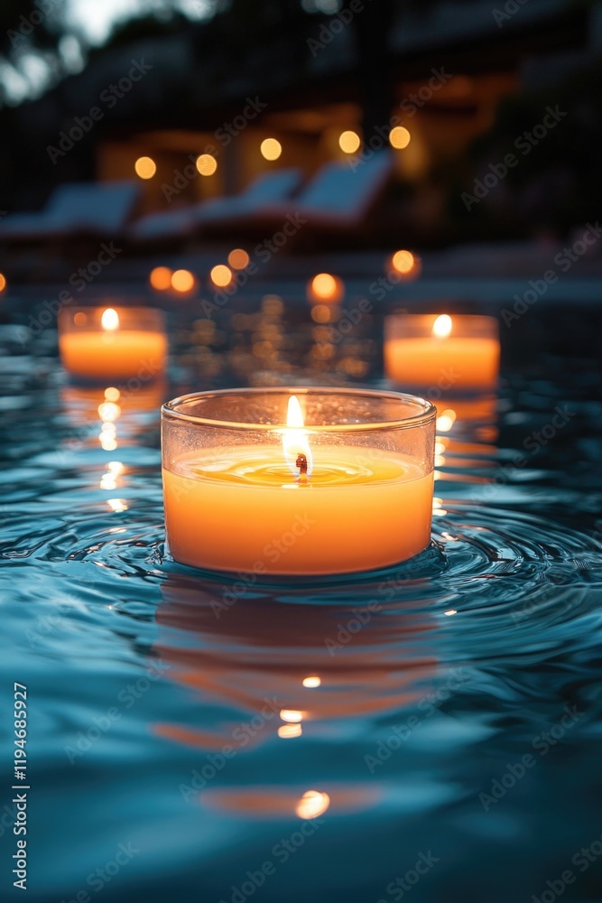 Poster group of lit candles suspended in a pool of water, ideal for use in serene and peaceful scenes
