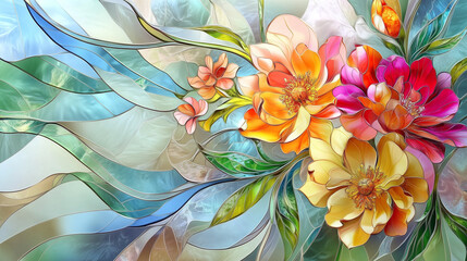 Colorful flowers in stained glass background wallpaper