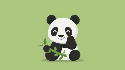 A lone panda eating bamboo, its gentle face framed by a simple green backdrop.