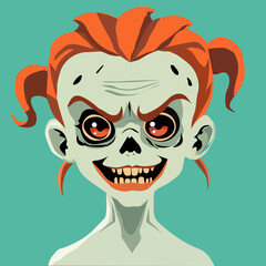 poster zombie girl.  She has charming features, pale skin, and adorable expression.  The style is flat, colorful using terracotta and teal, with diffused shadows. Geometric shapes.