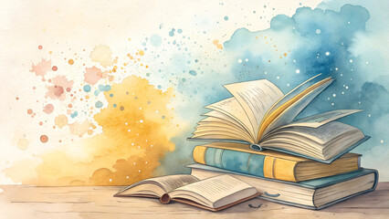 Watercolor books illustration, pastel literary design, inspiring educational concept with copy space
