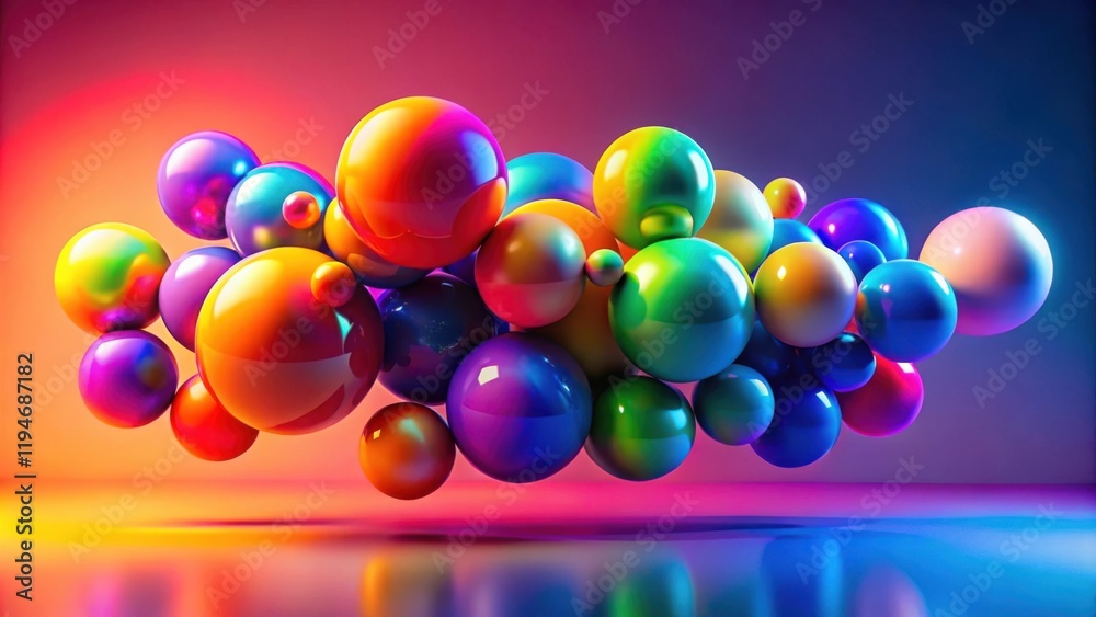 Poster a vibrant cluster of iridescent spheres floats in a colorful, atmospheric setting
