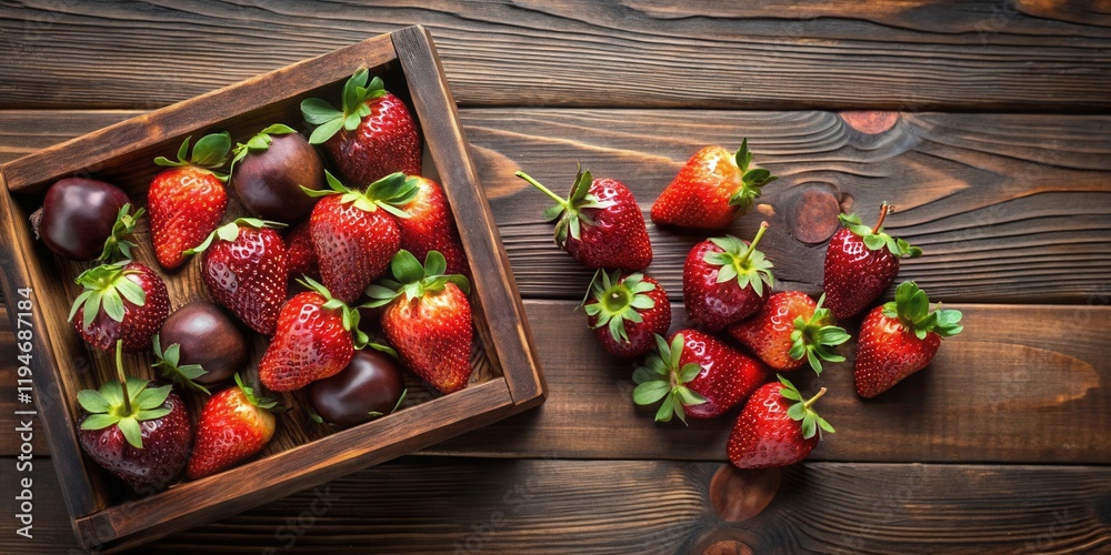 Poster wooden crate overflowing with ripe red strawberries and dark berries on rustic wood surface