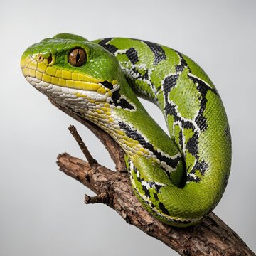 A green tree python coiled on a branch with a white background.

