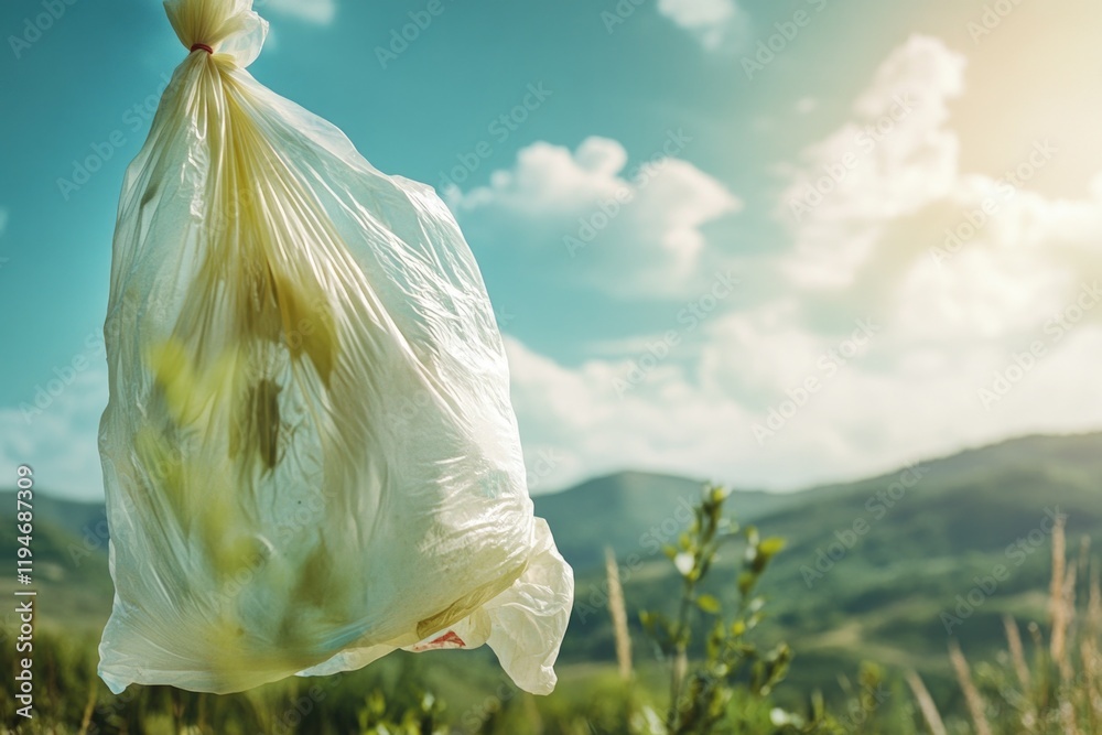 Poster a plastic bag hangs from a tree branch in an open field, symbolizing carelessness and environmental 
