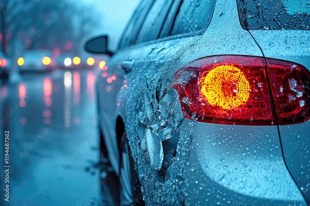 Poster a close-up shot of a car getting wet in the rain, ideal for use in scenes depicting weather-related 