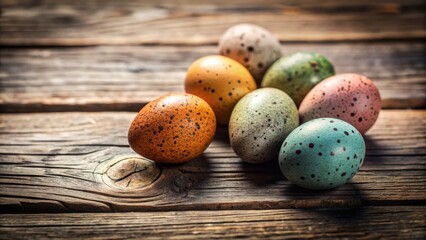 Obraz premium Speckled Easter Eggs on Rustic Wooden Surface