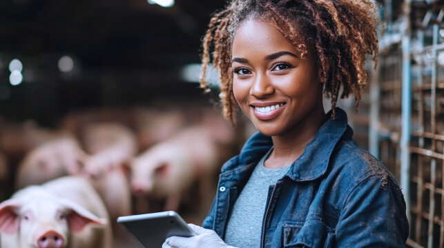 African farmer woman holding tablet with some pigs in modern industrial piggery