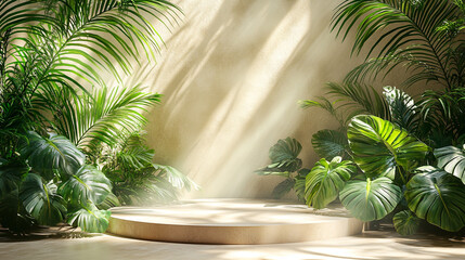 Blank concrete wall in modern empty room with tropical plant garden. Minimal architecture design