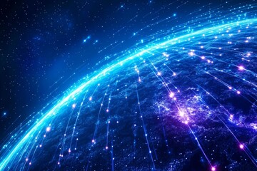 Obraz premium A colorful representation of Earth and its connection to the cosmos, with orbiting satellites and a galaxy in the background. Generative AI