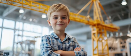 Fototapeta premium Kid presenting a functional mechanical crane model at an exhibition, proud and confident, Engineering Creativity for Kids, HandsOn STEM Learning