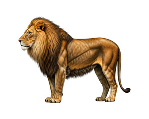 a brown lion in side view, full body, standing on a white background.