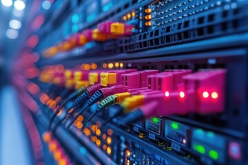 Close-up view of multiple wires connected to a server, suitable for technology and computer-related images