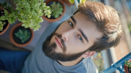 A man sits surrounded by greenery, showcasing his beard and possibly some hobby or interest