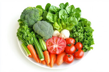 A variety of fresh vegetables including broccoli, carrots, tomatoes, and leafy greens sits on a white plate, perfect for a nutritious meal or salad