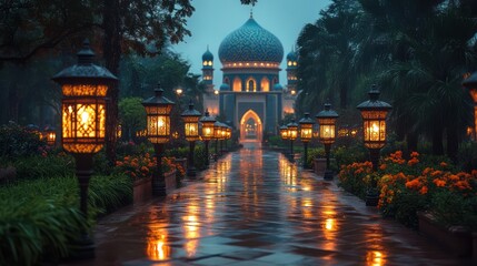 Enchanted Evening: A Serene Stroll Through a Mystical Garden Leading to a Majestic Mosque under a Twilight Sky
