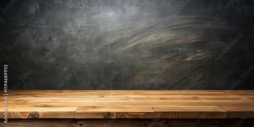 Poster Rustic Wooden Tabletop Against a Dark Textured Background Ideal for Product Displays and Mockups