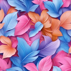 Vibrant 3D Tropical Floral Pattern with Colorful Leaves in Shades of Blue, Pink, and Orange, Ideal for Summer Decor, Textile Design, and Backgrounds