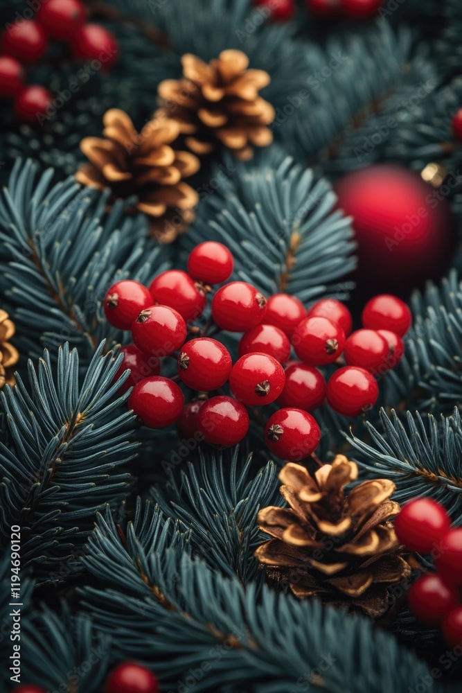 Poster a cluster of bright red berries and pine cones on a forest floor