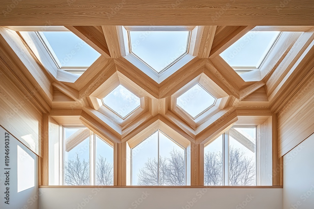 Fototapete Contemporary design of a skylight featuring hexagonal-shaped windows that create dynamic shadows and patterns, enhancing the minimalistic architectural aesthetic.