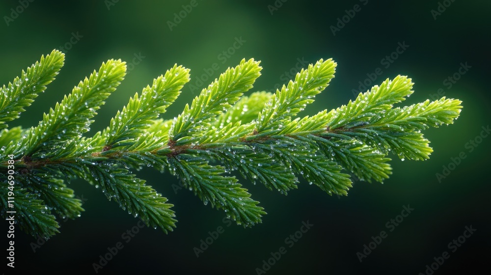 Poster A close-up shot of a pine tree branch with water droplets, perfect for use in nature-themed designs or as a background element