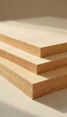 Three stacked light plywood boards, natural wood grain visible , surface, stack