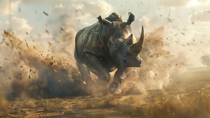 A powerful rhino charging across an open field, kicking up dust as it runs.