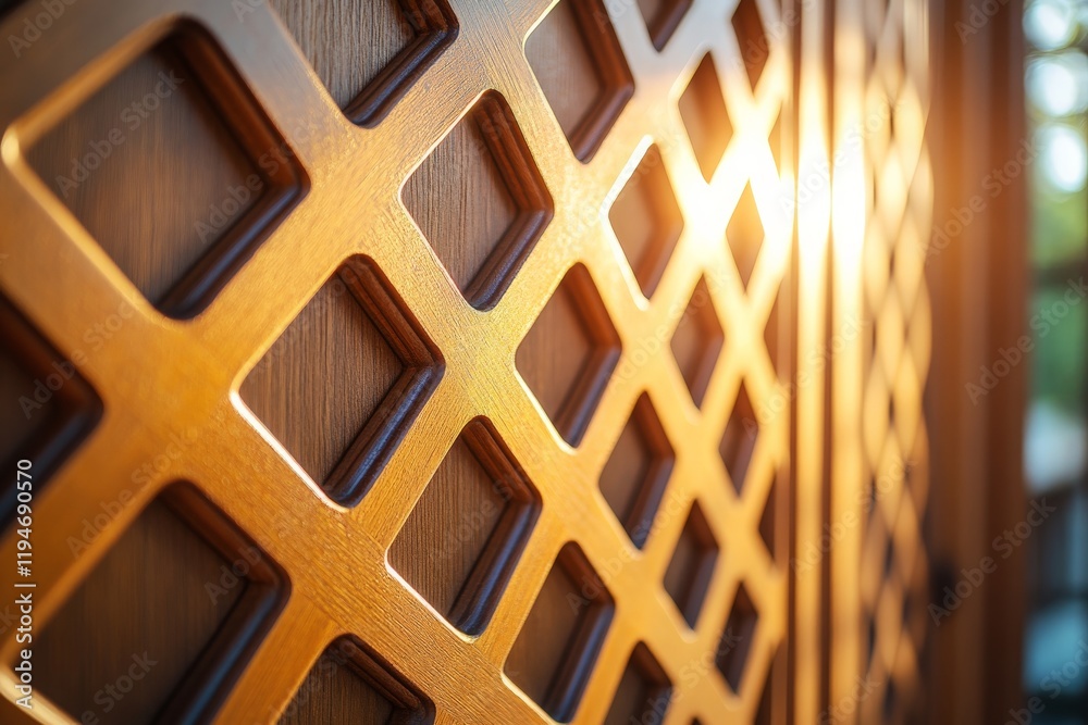 Aufkleber a contemporary wooden lattice structure is bathed in the warm glow of sunlight, creating a play of s
