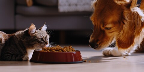 Domestic pets enjoying their meal together