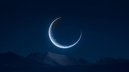 Fototapeta premium Crescent Moon Over Snowy Mountain Range At Night